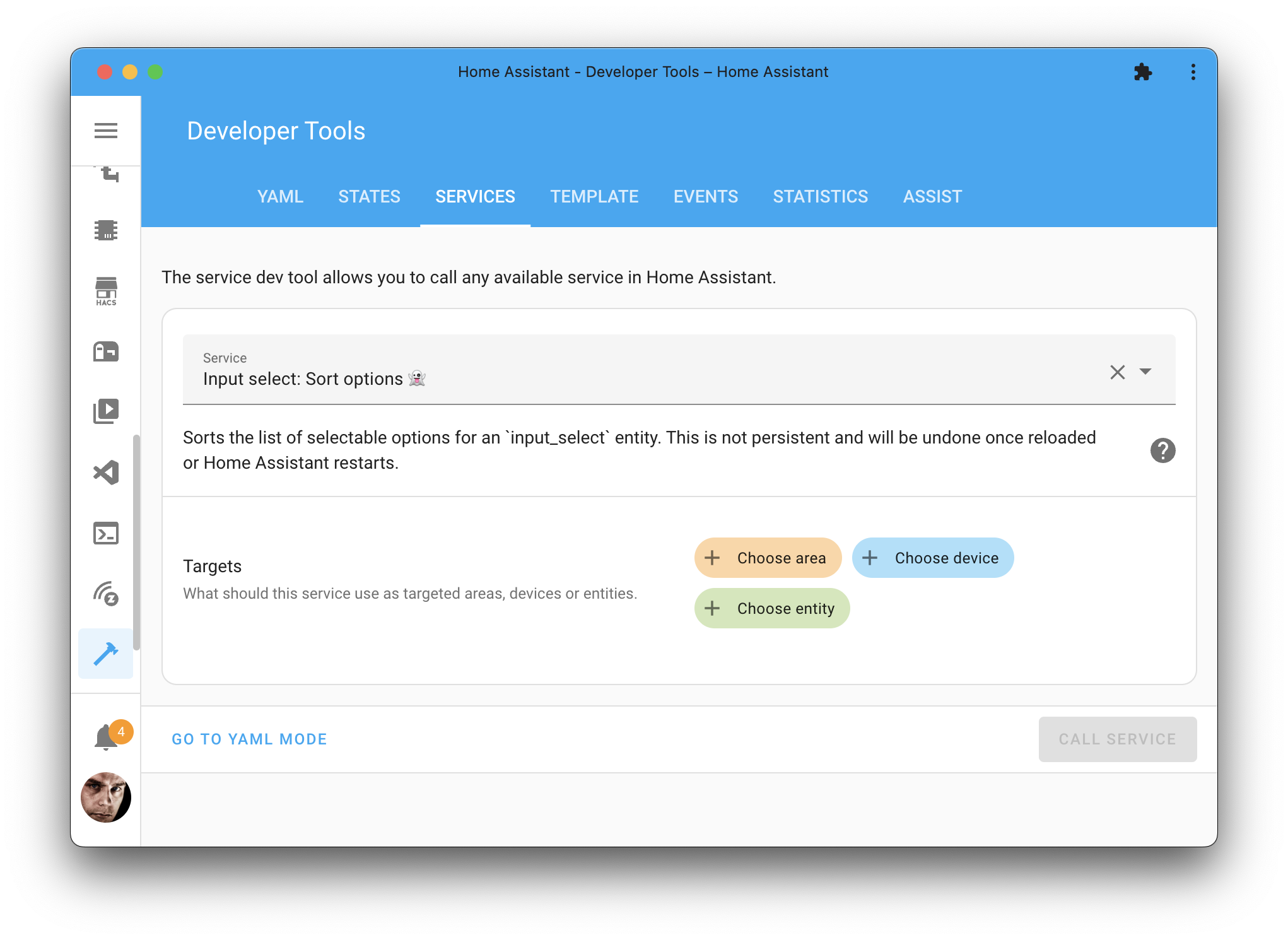 Screenshot of the input select sort action on the Tools page.
