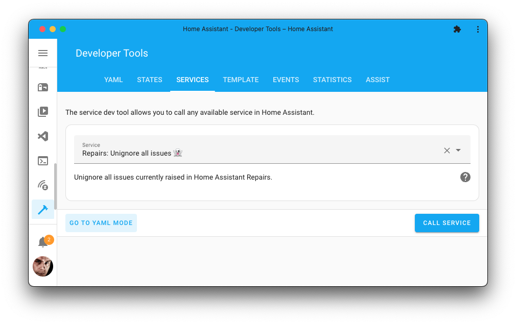 Screenshot of the repairs unignore all issues action on the Tools page.