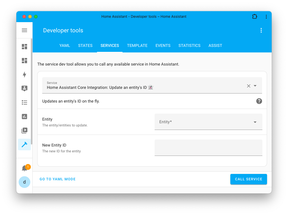 Screenshot of the Home Assistant update entity ID action on the Tools page.