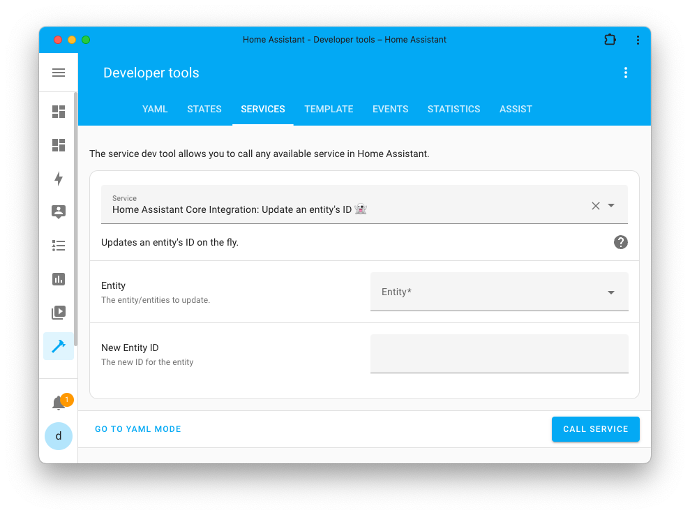 Screenshot of the Home Assistant update entity ID action in the developer tools.